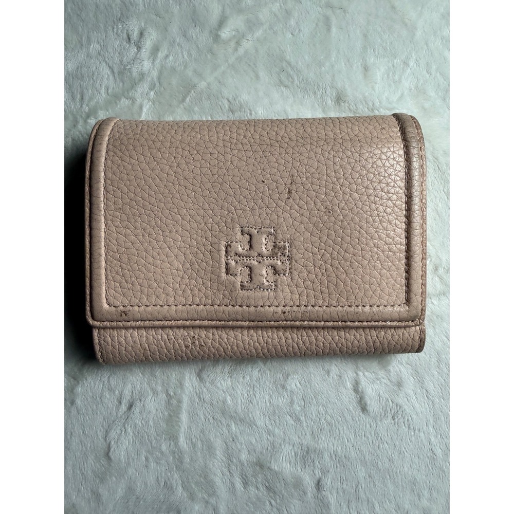 Tory Burch Pebbled Leather Trifold Wallet Blush Pink Logo Snap Closure